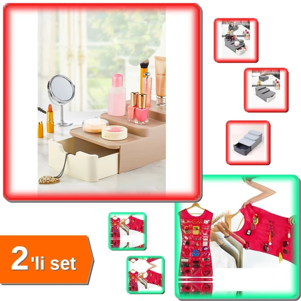 Compact Makyaj Organizeri + Elbise Şeklinde Takı Organizeri - Pembe - 2li Set GE5WRY ürün görseli 1