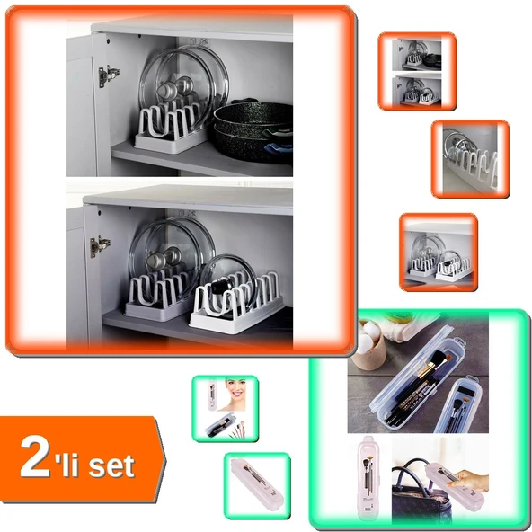 6 Bölmeli Tencere Kapak Rafı + Şeffaf Kapaklı Çanta İçi Diş Fırçası Saklama Kutusu - 2li Set A4U1H8 ürün görseli 1