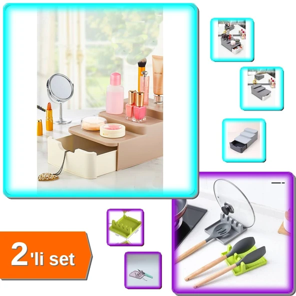 Compact Çekmeceli Standlı Makyaj Organizeri + Kepçe Kaşık Altlığı Kapak Tutucu - 2li Set Y9Z3G0 ürün görseli 1