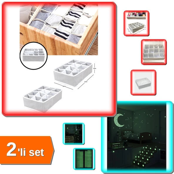 12 Bölmeli Çekmece Düzenleyici + Işık Veren Fosforlu Yıldız Tozu Etiketleri - 2li Set U8G6C5 ürün görseli 1