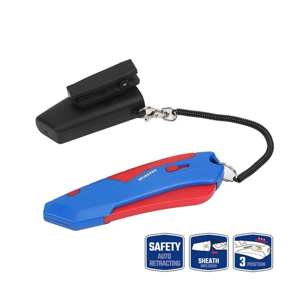 WORKPRO WP213010 Kemer Askı Kancalı Otomatik Geri Çekilebilir Mandallı Rötuş Maket Bıçağı + 3 Adet Yedek Bıçak ürün görseli 1