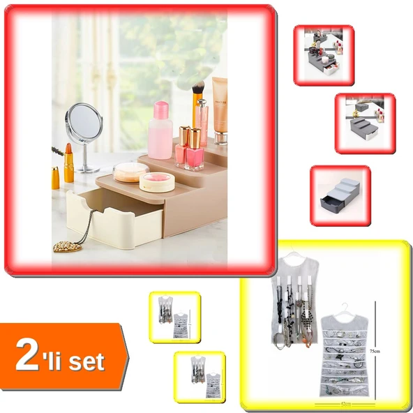 Çekmeceli ve Standlı Makyaj + Siyah Çizgili Elbise Şeklinde Çift Taraflı Takı - 2li Organizer Set Z6 ürün görseli 1