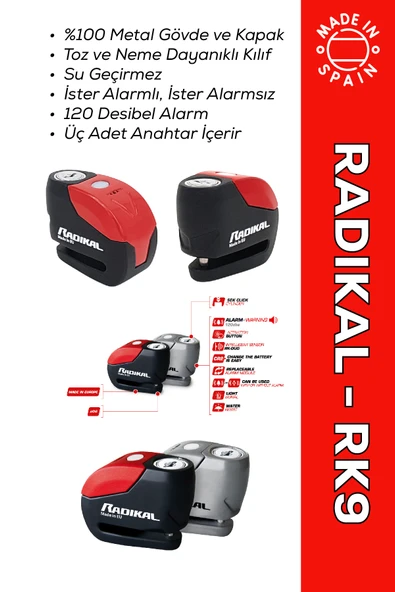 RADIKAL RK9 Motosiklet Disk Kilit Alarmı 120db Güçlendirilmiş Su Geçirmez Kilit + BUFF HEDİYELİ ürün görseli 1