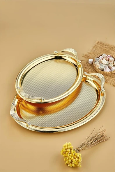 Cooker 2'li Metal Oval Gold Sunum Tepsisi 48x32 cm ve 40x29 cm CKR3165 ürün görseli 1