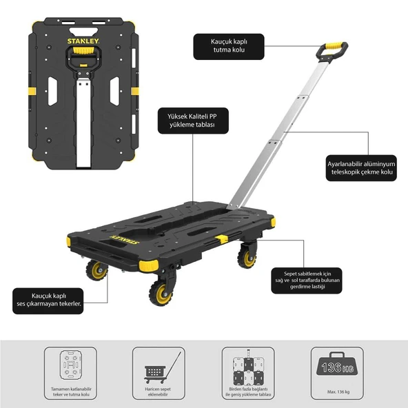 STANLEY PC532B 137kg 62x45cm Dört Tekerli Çekme Kollu Yük ve Paket Taşıma Arabası + FT505 Çok Amaçlı Taşıma Sepeti ürün görseli 1