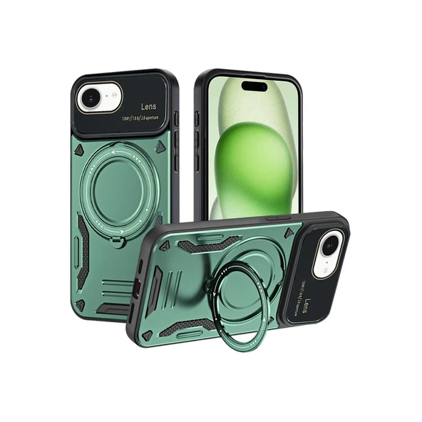İphone 16e Kılıf Joy Lens Standlı Kapak - Koyu Yeşil ürün görseli 1