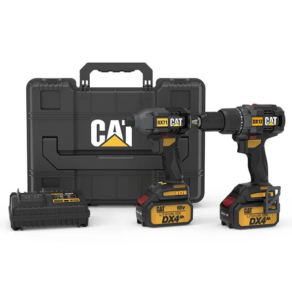 CAT DX12K.2 18Volt/4.0Ah Li-ion Çift Akülü Kömürsüz Profesyonel Şarjlı Darbeli Matkap + DX71.2 Kömürsüz Darbeli Tornavida Kombo Set ürün görseli 1