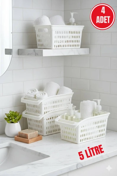 4 Adet Beyaz Plastik Çok Amaçlı Delikli Organizer Sepet – Mutfak Banyo Dolap İçi Düzenleyici 5 Litre ürün görseli 1