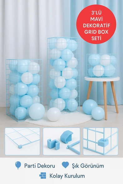 3’lü Mavi Plastik Grid Box Seti | Dekoratif Balon Kutusu | Baby Shower & Doğum Günü Süsü ürün görseli 1