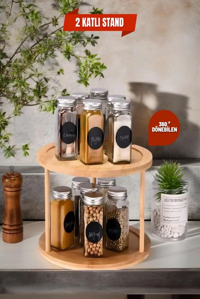 360° Dönen Bambu  2 Katlı Baharatlık Düzenleyici , Sunumluk, Organizer, Katlı Stant ürün görseli 1