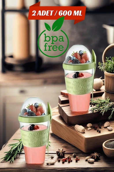 2 ADET Diyet & Kahvaltı için Çatal & Kaşıklı Kapaklı Yoğurt Müsli Salata Meyve Saklama Kabı - 600 ml ürün görseli 1