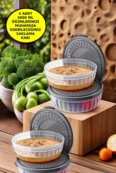 4 Adet Kapaklı Yuvarlak Saklama Kabı Seti - Kase Mikrodalga & Difriz Uyumlu 4 Lt Şeffaf ürün görseli 1