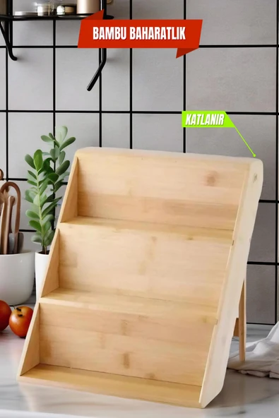 3 Katlı Bambu Katlanır Ayaklı Baharatlık Standı Çekmece İçi Baharatlık Standı, Bambu Organizer ürün görseli 1