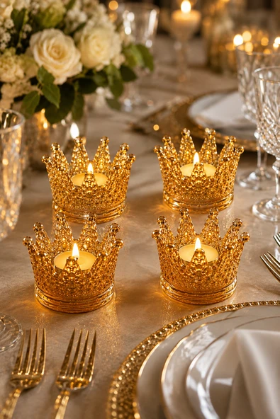 4'lü Set Kristal Taç Mumluk Gold - Resim 2