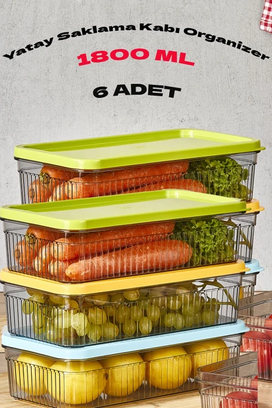 6'lı 1800 ml Buzdolabı Organizer -Saklama Kabı Renkli Kapak ürün görseli 1