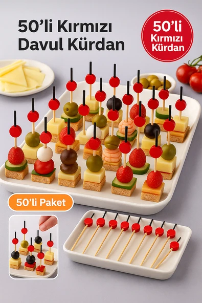 50’li Kırmızı Yuvarlak Davul Kürdan 12 cm – Parti, Sunum, Kanape, Kokteyl ve Peynir Tabağı İçin Dekoratif Kürdan ürün görseli 1