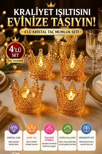 4'lü Set Kristal Taç Mumluk Gold ürün görseli 1