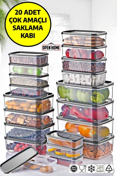 20'li Set Embox Dikdörtgen Erzak, Gıda Saklama Kabı Antrasit ürün görseli 1
