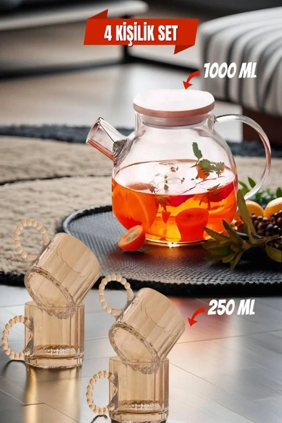 4 Kişilik Set Takım 1 Adet Cam Demlik 1000 ml - 4 Fincan 250 ml - Model 4 ürün görseli 1