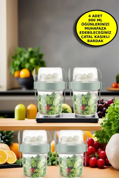 4 Adet Diyet & Kahvaltı Için Çatal & Kaşıklı Kapaklı Yoğurt Müsli Salata Meyve Saklama Kabı - 800 ml ürün görseli 1