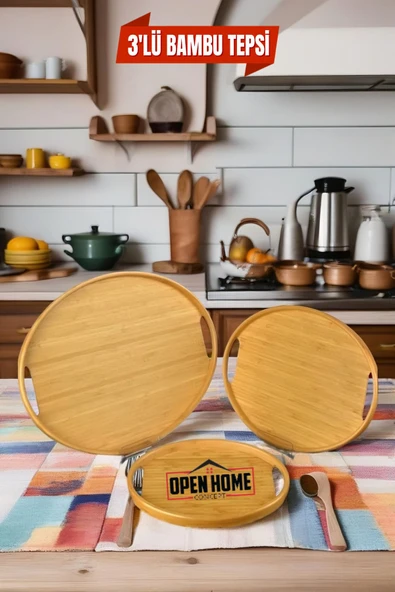 3'lü Bambu Oval Tepsi, Servis Tepsileri, Iskandinav Tepsi Seti, Çay Tepsisiı ürün görseli 1