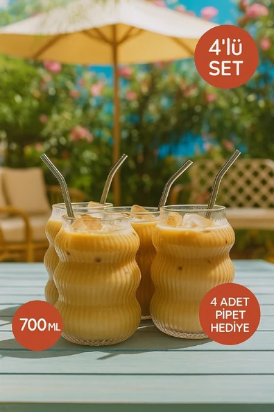 4’lü Set Cam Buzlu Soğuk Kahve Bardağı + Cam Pipet Hediyeli 700 ml ürün görseli 1