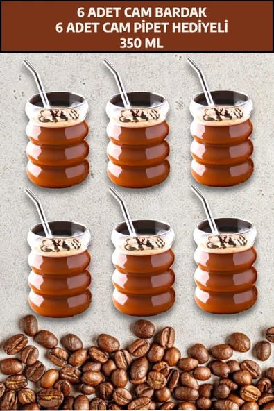 6 Adet Boğumlu  Borosilikat Kokteyl  Soğuk Sıcak Kahve Meşrubat Bardağı 6 Cam Pipet Hediye 300 ML ürün görseli 1