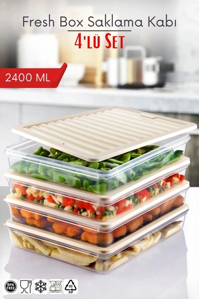 4'Lü Set Freshbox Mikrodalga ve Difrize Uygun Saklama Kabı Krem ürün görseli 1