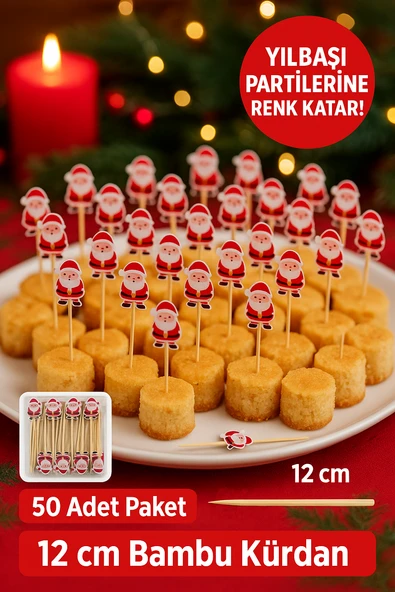 50’li Noel Baba Figürlü 12 cm Bambu Kürdan • Yılbaşı Sunum ve Parti Süsleme Seti ürün görseli 1