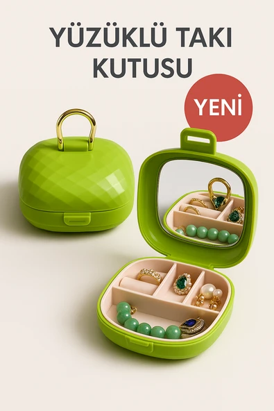 Taşınabilir Yüzüklü Takı Kutusu – Ayna ve 4 Bölmeli Mini Mücevher Organizer - Yeşil ürün görseli 1