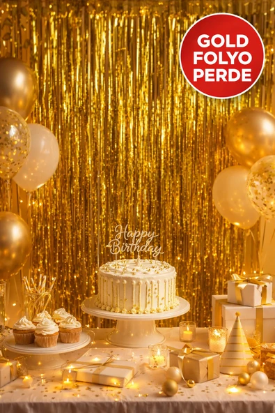 Gold Parlak Parti Perdesi 100x200 cm – Doğum Günü, Baby Shower, Fotoğraf Arka Fon 100*200 ürün görseli 1