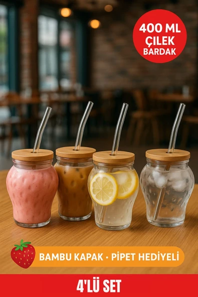 4 Adet Çilek Desenli 400 ml Borosilikat Cam Bardak – Bambu Kapaklı, Cam Pipet Hediyeli ürün görseli 1