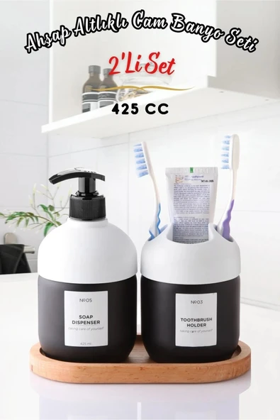 Lüks Ahşap Altlıklı Cam 2'Li Set Cool Sabun ve Diş Fırçalık - Banyo Seti BEYAZ ürün görseli 1