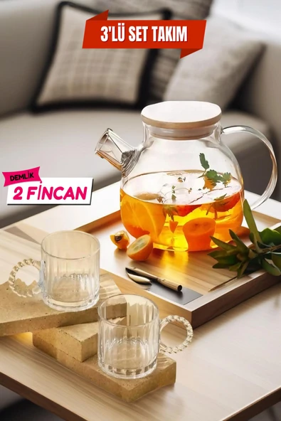 3'lü Set 1 Adet Cam Demlik 1000 ml - 2 Fincan 250 ml Takım / Model 1 ürün görseli 1
