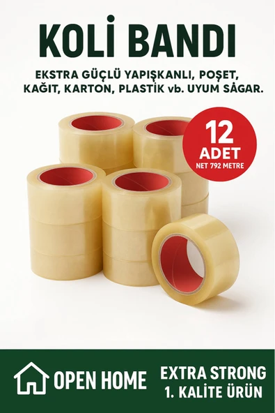 12 Adet-792 Metre Şeffaf Koli Bandı – Extra Strong 40 Micron Kalınlık, Güçlü Yapışkan ürün görseli 1