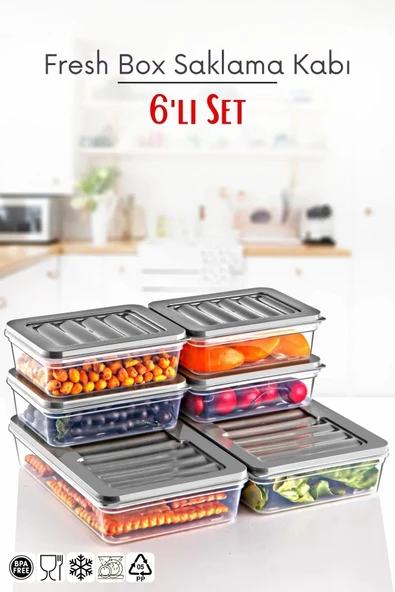6 Lı Set Freshbox Mikrodalga Ve Difrize Uygun Saklama Kabı Set Gri ürün görseli 1