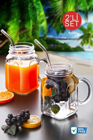 2'li Kavanoz Bardak Pipet Hediyeli Set Model Kokteyl Soğuk Kahve Meşrubat Bardak Seti ürün görseli 1