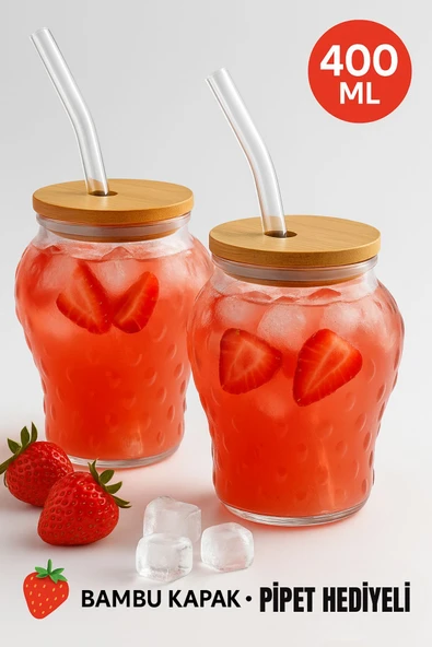 2 Adet Çilek Desenli 400 ml Borosilikat Cam Bardak – Bambu Kapaklı, Cam Pipet Hediyeli ürün görseli 1