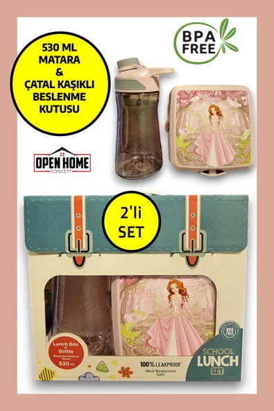 2'li Premium Beslenme Kutusu ve 530 ML Su Matarası Pembe ürün görseli 1