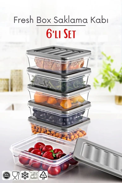 6 Lı Set Freshbox Mikrodalga Ve Difrize Uygun Saklama Kabı Set - X6 0,6 Lt Gri ürün görseli 1
