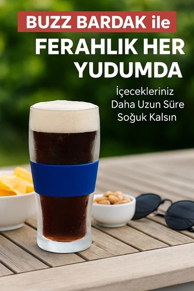 BUZZ BARDAK – 470 ML Aktif Jel Soğutmalı Cam Bardak | Silikon Tutuş Bantlı ürün görseli 1