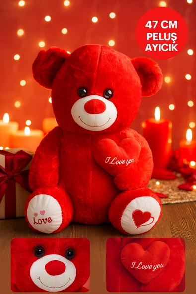 47 cm Kırmızı Peluş Ayıcık I Love You Kalpli Hediye Oyuncak Kırmızı ürün görseli 1