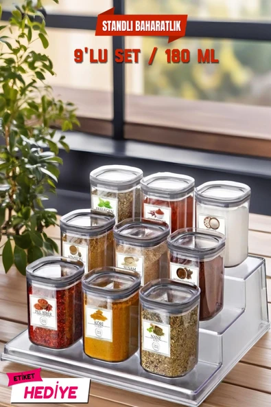 Stantlı, Etiketli 9'lu Kare Baharat Saklama Kabı ŞEFFAF ürün görseli 1