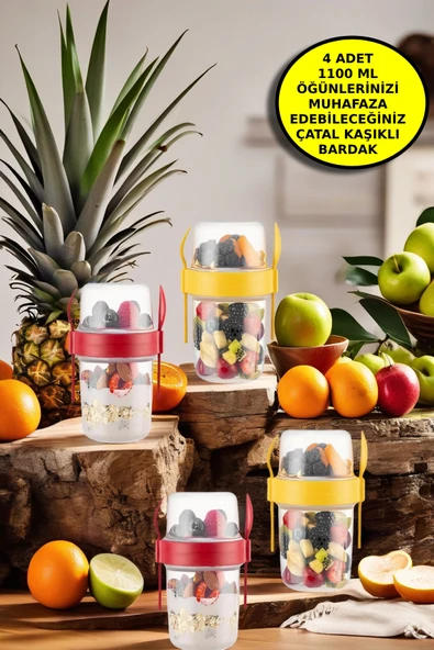 4 ADET Diyet & Kahvaltı için Çatal & Kaşıklı Kapaklı Yoğurt Müsli Salata Meyve Saklama Kabı - 1100ml ürün görseli 1