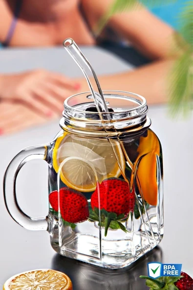 1'li Kavanoz Bardak Pipet Hediyeli Set Model Kokteyl Soğuk Kahve Meşrubat Bardak Seti ürün görseli 1