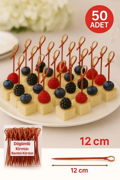 Düğümlü Kırmızı Bambu Kürdan – 12 cm, Şık Davet ve Kokteyl Sunum Çubuğu (50’li Paket) ürün görseli 1