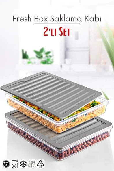 2 Li Set Freshbox Mikrodalga Ve Difrize Uygun Saklama Kabı Gri ürün görseli 1