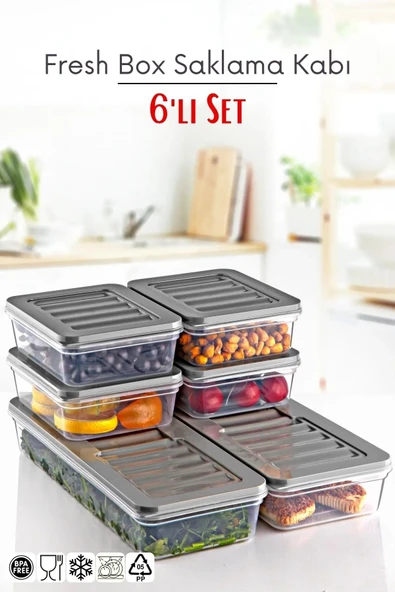 6 Li Set Freshbox Mikrodalga Ve Difrize Uygun Saklama Kabı Set Gri ürün görseli 1