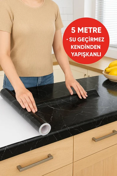 Siyah Mermer Desenli Kendinden Yapışkanlı Su Geçirmez Tezgah Kaplama Folyo – Parlak Yüzey 60x500 CM ürün görseli 1