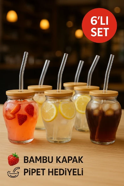 6'lı Çilek Desenli 400 ml Borosilikat Cam Bardak – Bambu Kapaklı, Cam Pipet Hediyeli ürün görseli 1